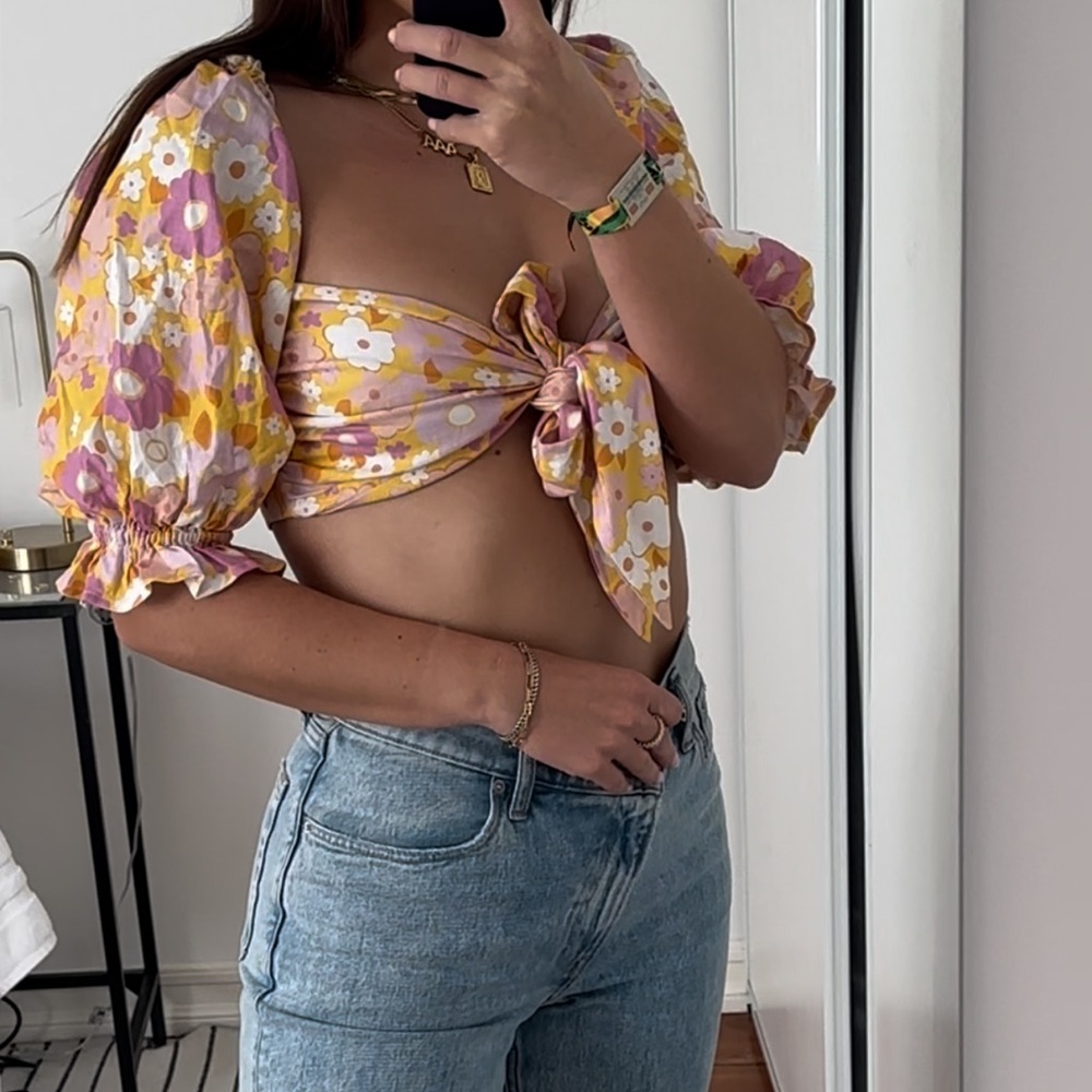 Rumours Puff Sleeve Tie Crop Top Floral